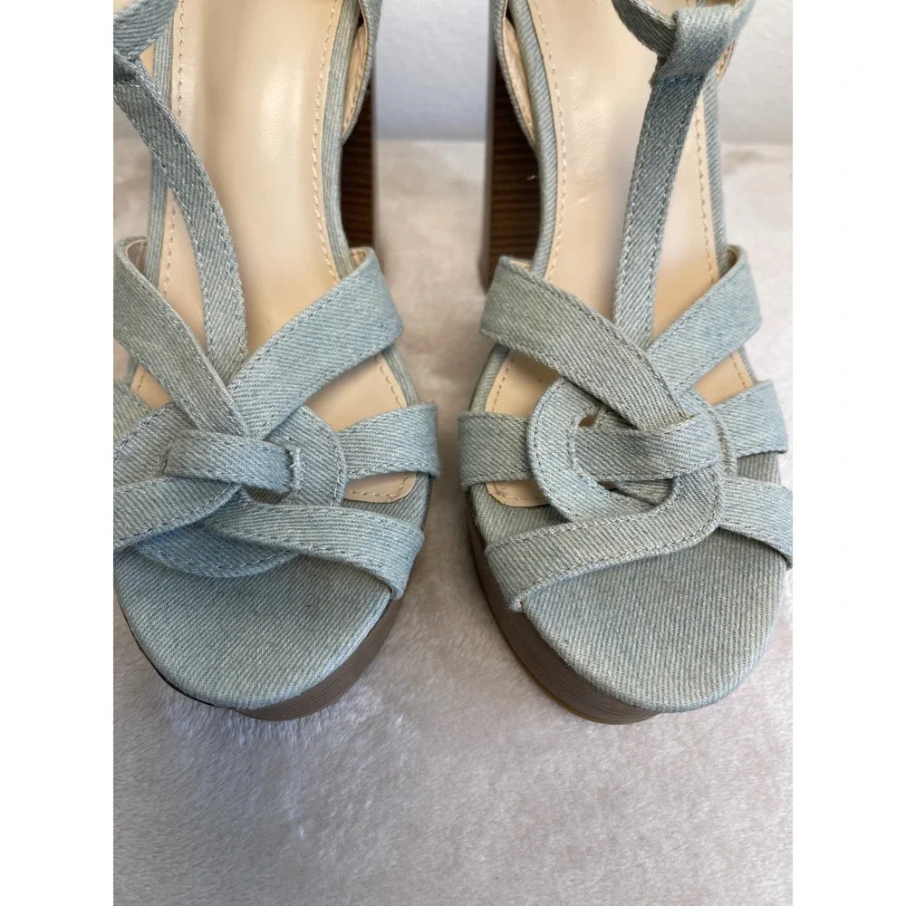 Charlotte Russe Denim Platform Sandals Light Wash Blue Strappy Block Heel Size 9